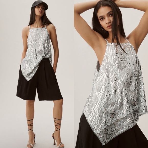 Anthropologie / Sequin Halter Handkerchief Tank Top in Blue - Picture 2 of 5